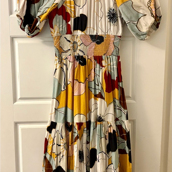 Anthropologie Floral Tiered Midi Dress in White, Yellow & Red - Picture 3 of 3